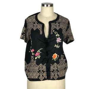 ODD MOLLY Blouse Black Embroidered Floral Lace Up Top Size 2 Boho Chic Short